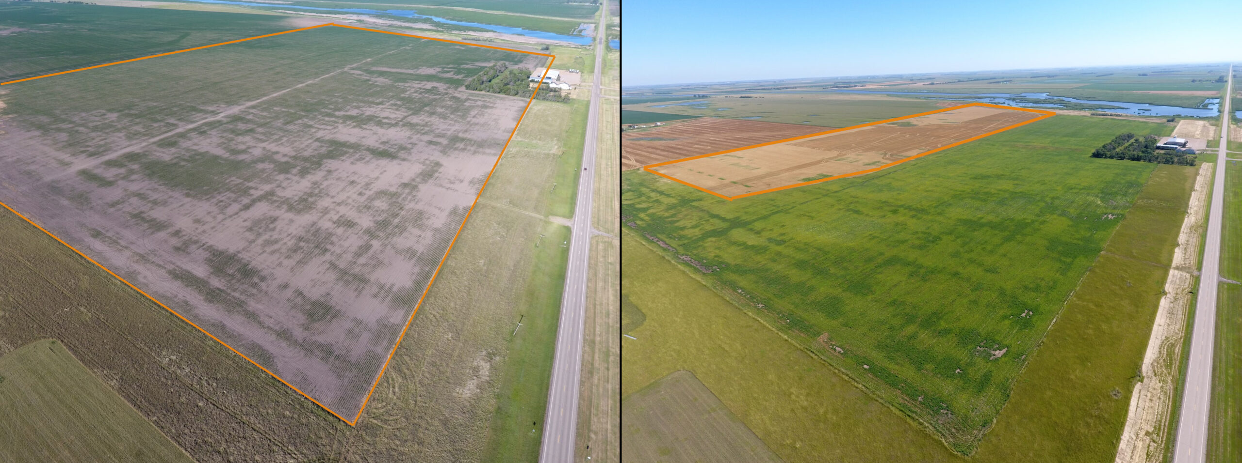 Before and after aerial images of field showing the marginal acres can be managed to be more profitable and improve the soil.