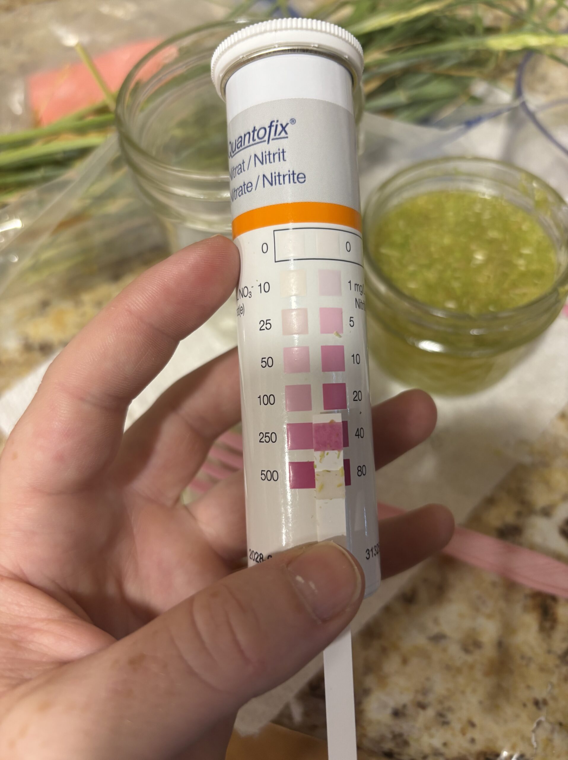 A test strip with a pink color is being compared to a color chart that indicates the level of nitrates in a sample.